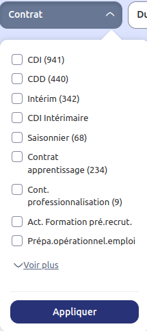 Par exemple le filtre des contrats indique le nombre d'offres par type de contrat comme ceci : CDI (210), CDD (25), etc.